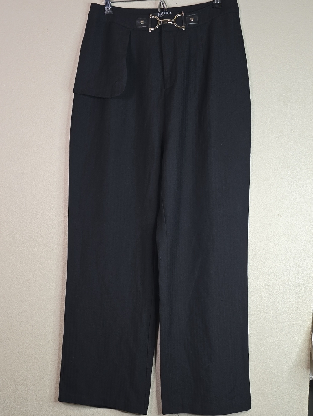 Disturbia Herringbone Black Wide-Leg High Waist Trouser Pants with Silver Buckle